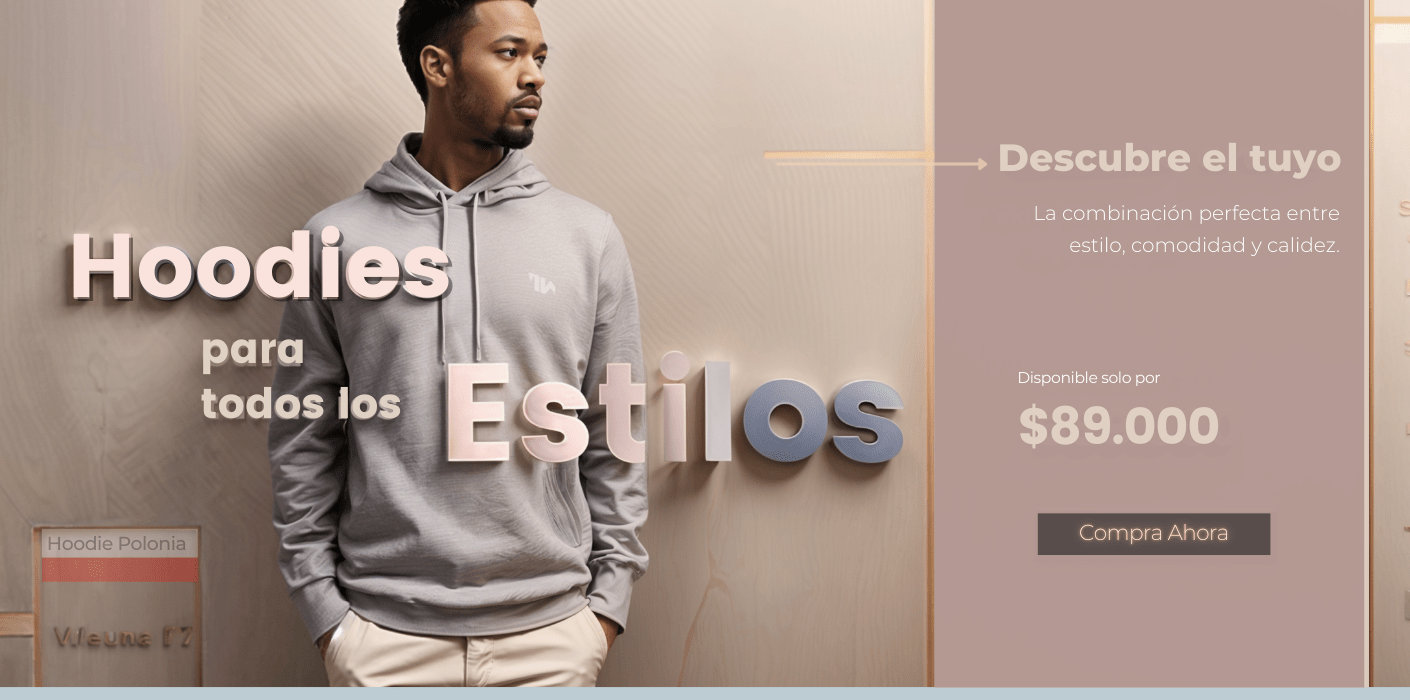 Hoodie Polonia en color gris, diseño moderno y cómodo, promocionado con el texto "Hoodies para todos los estilos".