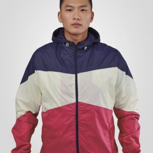 Chaqueta Rompevientos con capota tres colores azul oscuro marfil y rojo