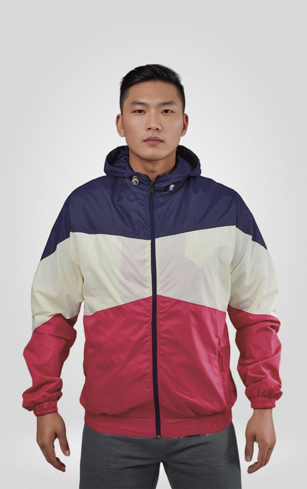 Chaqueta Rompevientos con capota tres colores azul oscuro marfil y rojo Chaqueta Rompevientos con capota tres colores azul oscuro marfil y rojo