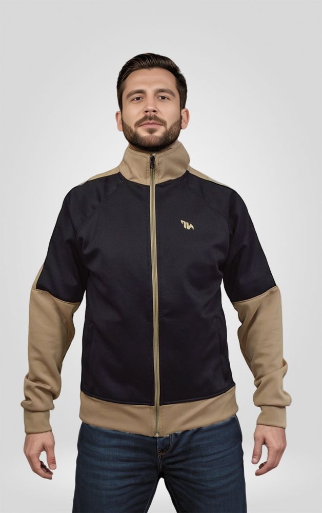 Chaqueta abierta Negro con Camel Chaqueta abierta en algodon con cremallera, cuello alto y bolsillos Negra con Camel,