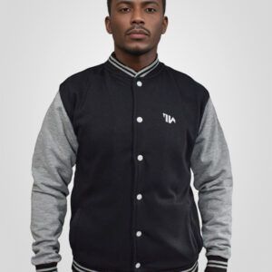 Chaqueta beisbolera universitaria negra con gris